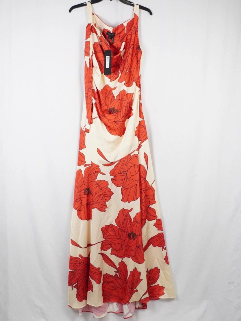 Donna Karan Floral Satin Hi-Low Draped Cowl Neck Ball Gown Evening Wedding Guest